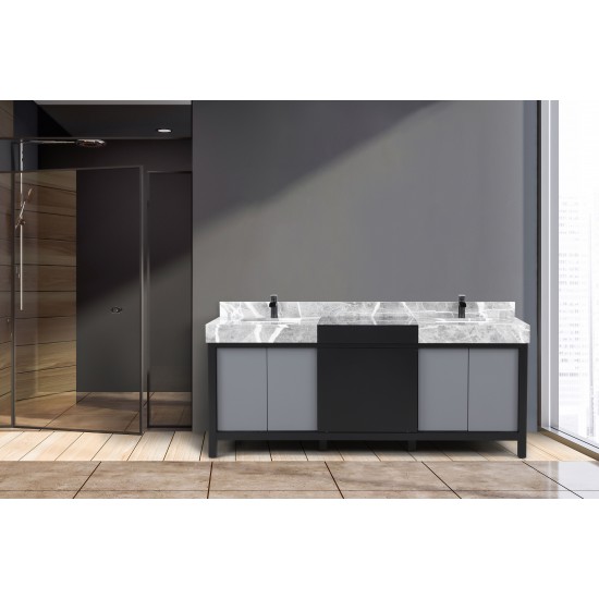 Zilara 80" Black and Grey Double Vanity, Castle Grey Marble Tops, White Square Sinks, and Cascata Nera Matte Black Faucet Set