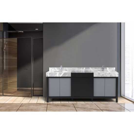 Zilara 80" Black and Grey Double Vanity, Castle Grey Marble Tops, White Square Sinks, and Monte Chrome Faucet Set