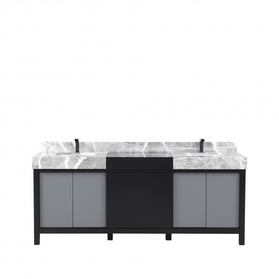 Zilara 80" Black and Grey Double Vanity, Castle Grey Marble Tops, White Square Sinks, and Balzani Gun Metal Faucet Set