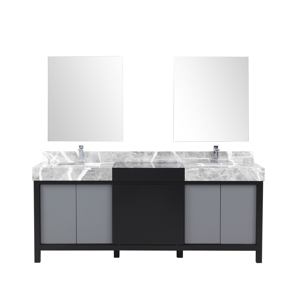 Zilara 80" Black and Grey Double Vanity, Castle Grey Marble Tops, Square Sinks, Monte Chrome Faucet Set, and 30" Mirrors