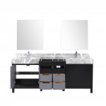 Zilara 80" Black and Grey Double Vanity, Castle Grey Marble Tops, Square Sinks, Monte Chrome Faucet Set, and 30" Mirrors