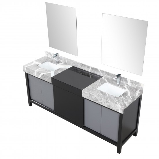 Zilara 80" Black and Grey Double Vanity, Castle Grey Marble Tops, Square Sinks, Monte Chrome Faucet Set, and 30" Mirrors