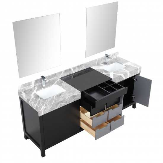 Zilara 80" Black and Grey Double Vanity, Castle Grey Marble Tops, Square Sinks, Monte Chrome Faucet Set, and 30" Mirrors