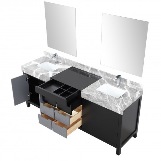 Zilara 80" Black and Grey Double Vanity, Castle Grey Marble Tops, Square Sinks, Monte Chrome Faucet Set, and 30" Mirrors