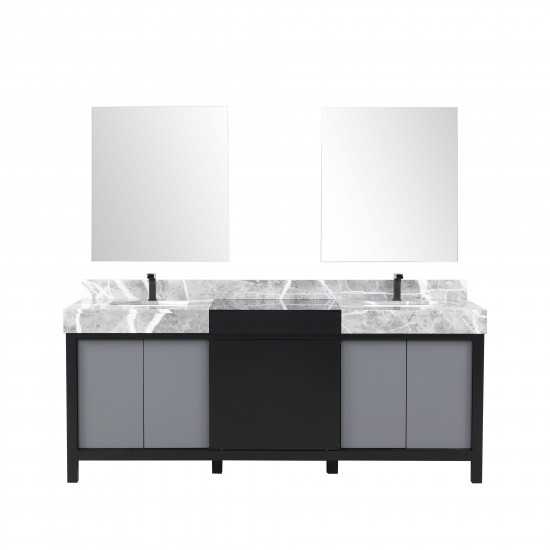 Zilara 80" Black and Grey Double Vanity, Castle Grey Marble Tops, Square Sinks, Balzani Gun Metal Faucet Set, and 30" Mirrors