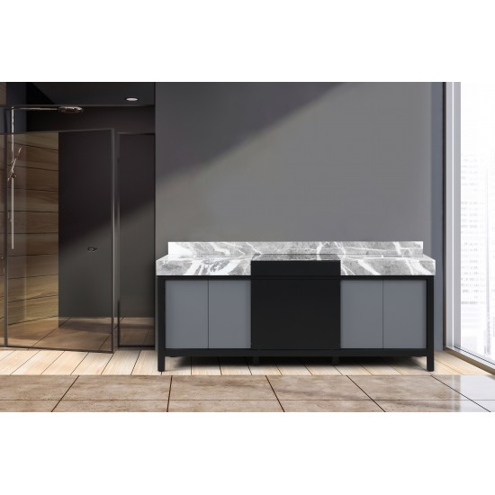 Zilara 84" Black and Grey Double Vanity, Castle Grey Marble Tops, and White Square Sinks