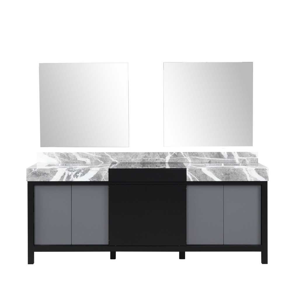 Zilara 84" Black and Grey Double Vanity, Castle Grey Marble Tops, White Square Sinks, and 34" Frameless Mirrors