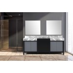 Zilara 84" Black and Grey Double Vanity, Castle Grey Marble Tops, White Square Sinks, and 34" Frameless Mirrors