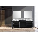 Zilara 84" Black and Grey Double Vanity, Castle Grey Marble Tops, White Square Sinks, and 34" Frameless Mirrors