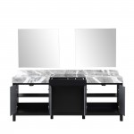 Zilara 84" Black and Grey Double Vanity, Castle Grey Marble Tops, White Square Sinks, and 34" Frameless Mirrors