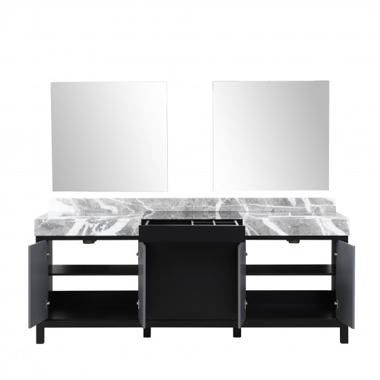 Zilara 84" Black and Grey Double Vanity, Castle Grey Marble Tops, White Square Sinks, and 34" Frameless Mirrors