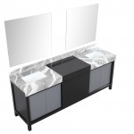 Zilara 84" Black and Grey Double Vanity, Castle Grey Marble Tops, White Square Sinks, and 34" Frameless Mirrors