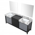 Zilara 84" Black and Grey Double Vanity, Castle Grey Marble Tops, White Square Sinks, and 34" Frameless Mirrors