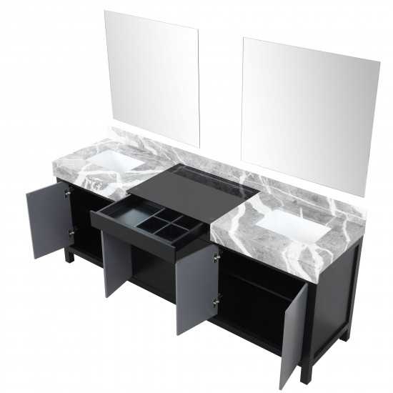 Zilara 84" Black and Grey Double Vanity, Castle Grey Marble Tops, White Square Sinks, and 34" Frameless Mirrors