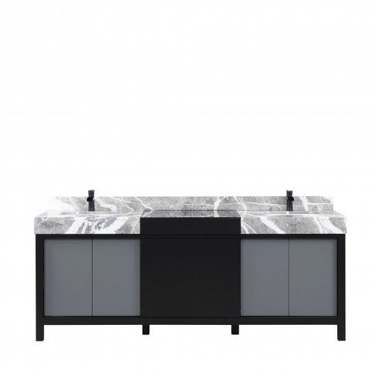 Zilara 84" Black and Grey Double Vanity, Castle Grey Marble Tops, White Square Sinks, and Cascata Nera Matte Black Faucet Set