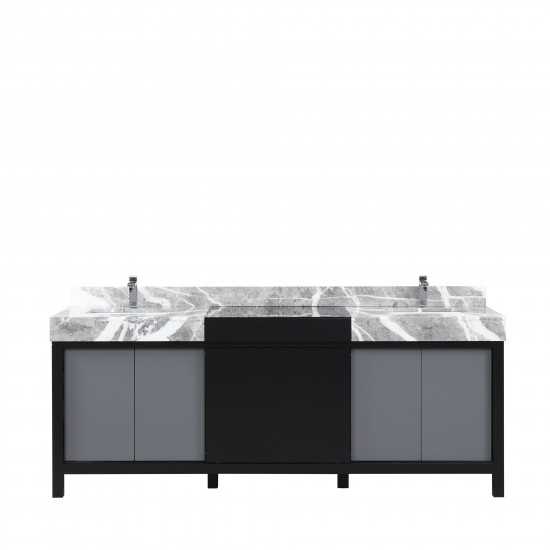 Zilara 84" Black and Grey Double Vanity, Castle Grey Marble Tops, White Square Sinks, and Monte Chrome Faucet Set