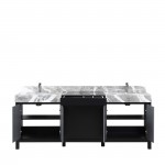 Zilara 84" Black and Grey Double Vanity, Castle Grey Marble Tops, White Square Sinks, and Monte Chrome Faucet Set