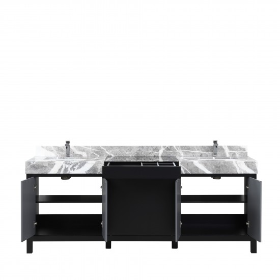 Zilara 84" Black and Grey Double Vanity, Castle Grey Marble Tops, White Square Sinks, and Monte Chrome Faucet Set