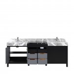 Zilara 84" Black and Grey Double Vanity, Castle Grey Marble Tops, White Square Sinks, and Monte Chrome Faucet Set