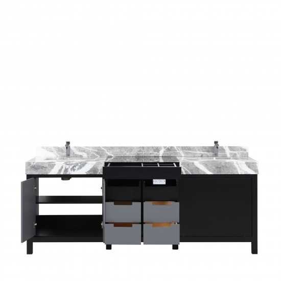 Zilara 84" Black and Grey Double Vanity, Castle Grey Marble Tops, White Square Sinks, and Monte Chrome Faucet Set