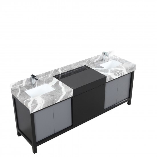 Zilara 84" Black and Grey Double Vanity, Castle Grey Marble Tops, White Square Sinks, and Monte Chrome Faucet Set