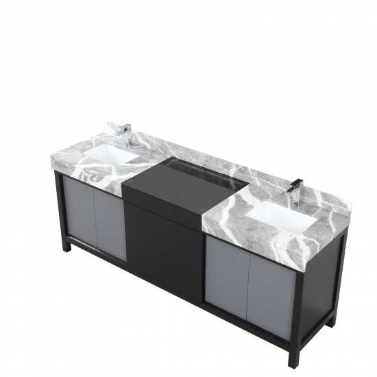 Zilara 84" Black and Grey Double Vanity, Castle Grey Marble Tops, White Square Sinks, and Monte Chrome Faucet Set