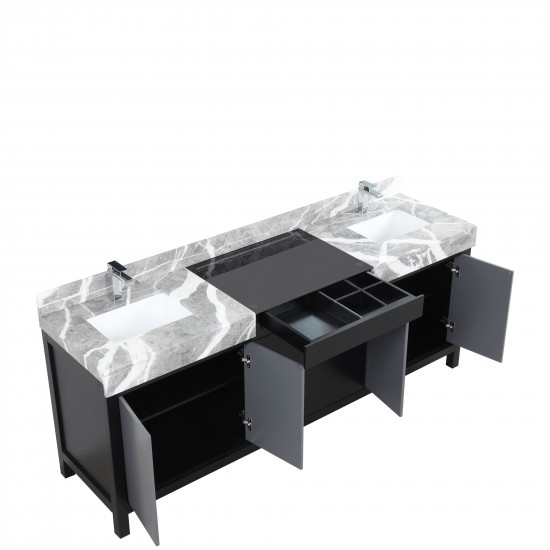 Zilara 84" Black and Grey Double Vanity, Castle Grey Marble Tops, White Square Sinks, and Monte Chrome Faucet Set