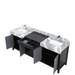 Zilara 84" Black and Grey Double Vanity, Castle Grey Marble Tops, White Square Sinks, and Monte Chrome Faucet Set