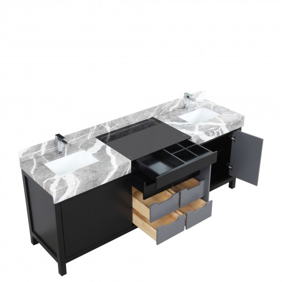 Zilara 84" Black and Grey Double Vanity, Castle Grey Marble Tops, White Square Sinks, and Monte Chrome Faucet Set