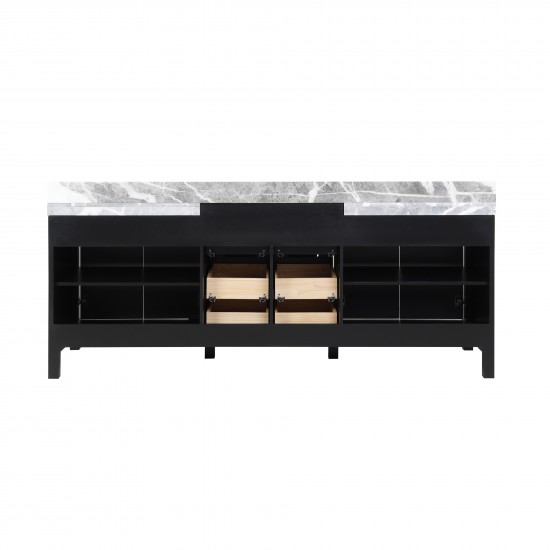 Zilara 84" Black and Grey Double Vanity, Castle Grey Marble Tops, White Square Sinks, and Monte Chrome Faucet Set