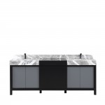 Zilara 84" Black and Grey Double Vanity, Castle Grey Marble Tops, White Square Sinks, and Balzani Gun Metal Faucet Set