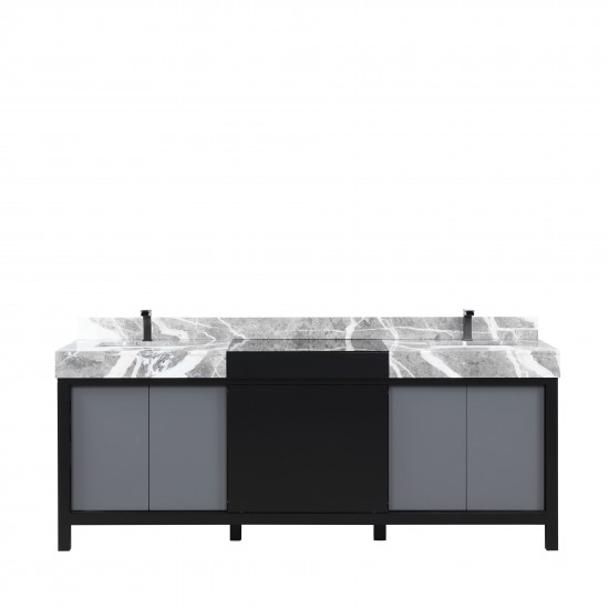 Zilara 84" Black and Grey Double Vanity, Castle Grey Marble Tops, White Square Sinks, and Balzani Gun Metal Faucet Set