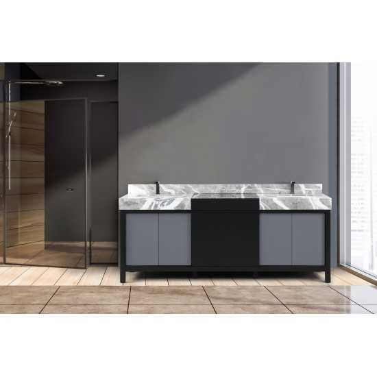 Zilara 84" Black and Grey Double Vanity, Castle Grey Marble Tops, White Square Sinks, and Balzani Gun Metal Faucet Set