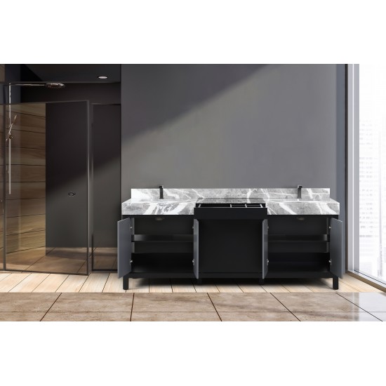 Zilara 84" Black and Grey Double Vanity, Castle Grey Marble Tops, White Square Sinks, and Balzani Gun Metal Faucet Set