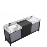 Zilara 84" Black and Grey Double Vanity, Castle Grey Marble Tops, White Square Sinks, and Balzani Gun Metal Faucet Set