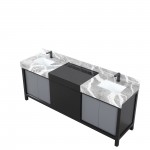 Zilara 84" Black and Grey Double Vanity, Castle Grey Marble Tops, White Square Sinks, and Balzani Gun Metal Faucet Set