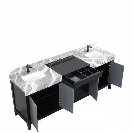 Zilara 84" Black and Grey Double Vanity, Castle Grey Marble Tops, White Square Sinks, and Balzani Gun Metal Faucet Set