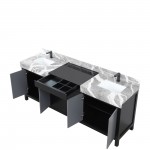 Zilara 84" Black and Grey Double Vanity, Castle Grey Marble Tops, White Square Sinks, and Balzani Gun Metal Faucet Set