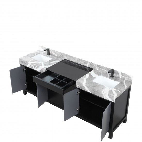 Zilara 84" Black and Grey Double Vanity, Castle Grey Marble Tops, White Square Sinks, and Balzani Gun Metal Faucet Set