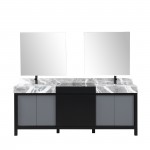 Zilara 84" Black Grey Double Vanity, Castle Grey Marble Tops, Square Sinks, Cascata Nera Matte Black Faucet Set, 34" Mirrors