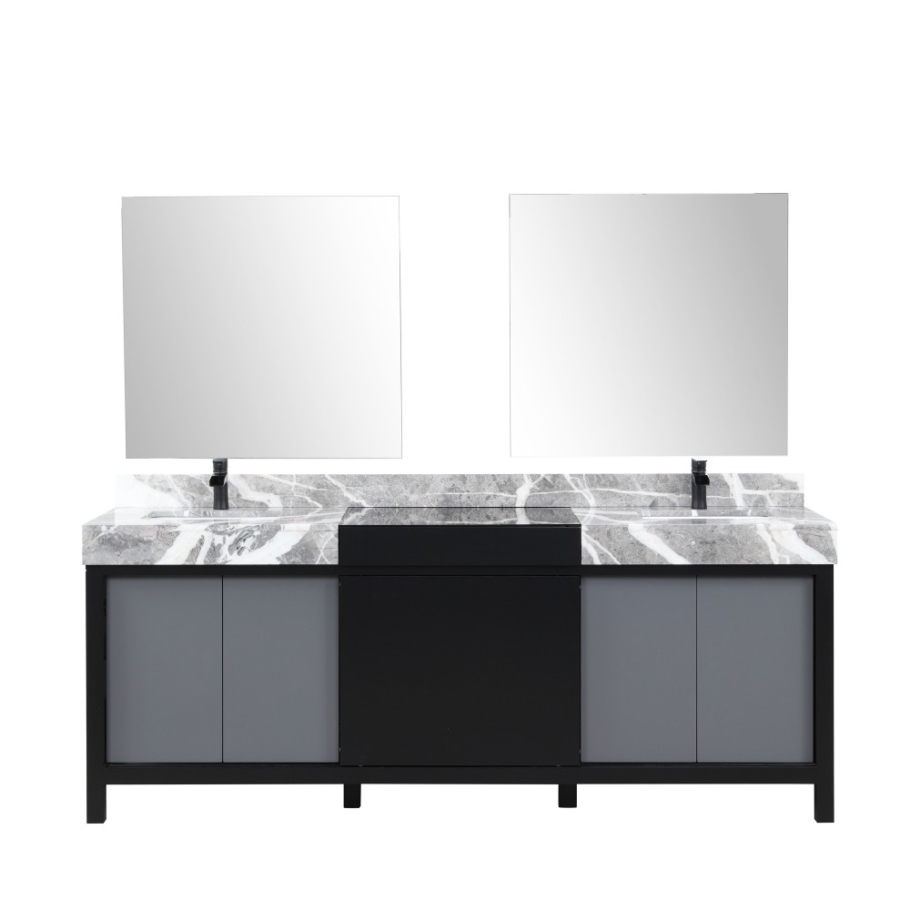 Zilara 84" Black Grey Double Vanity, Castle Grey Marble Tops, Square Sinks, Cascata Nera Matte Black Faucet Set, 34" Mirrors