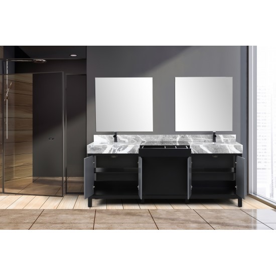 Zilara 84" Black Grey Double Vanity, Castle Grey Marble Tops, Square Sinks, Cascata Nera Matte Black Faucet Set, 34" Mirrors