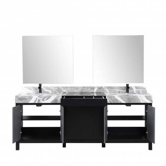 Zilara 84" Black Grey Double Vanity, Castle Grey Marble Tops, Square Sinks, Cascata Nera Matte Black Faucet Set, 34" Mirrors