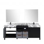 Zilara 84" Black Grey Double Vanity, Castle Grey Marble Tops, Square Sinks, Cascata Nera Matte Black Faucet Set, 34" Mirrors