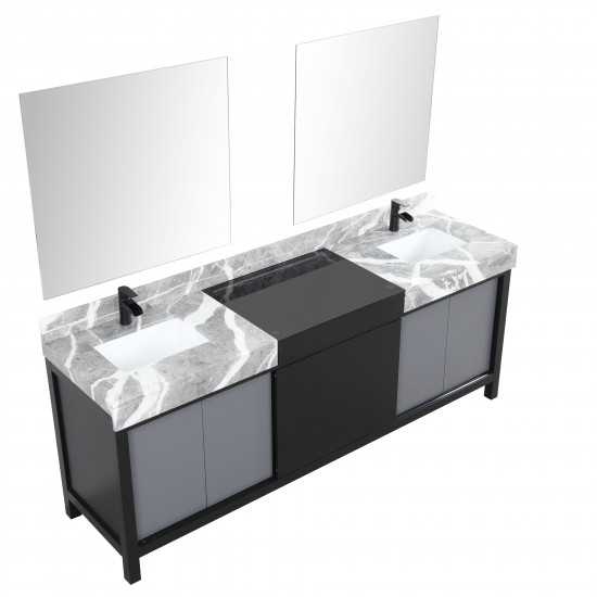 Zilara 84" Black Grey Double Vanity, Castle Grey Marble Tops, Square Sinks, Cascata Nera Matte Black Faucet Set, 34" Mirrors