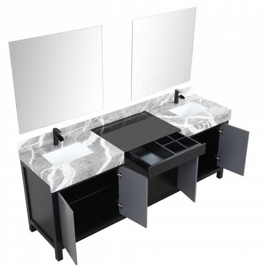 Zilara 84" Black Grey Double Vanity, Castle Grey Marble Tops, Square Sinks, Cascata Nera Matte Black Faucet Set, 34" Mirrors