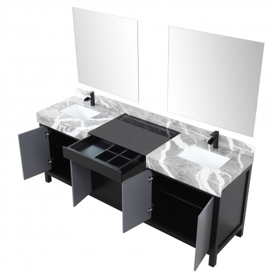 Zilara 84" Black Grey Double Vanity, Castle Grey Marble Tops, Square Sinks, Cascata Nera Matte Black Faucet Set, 34" Mirrors