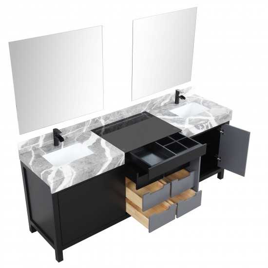 Zilara 84" Black Grey Double Vanity, Castle Grey Marble Tops, Square Sinks, Cascata Nera Matte Black Faucet Set, 34" Mirrors