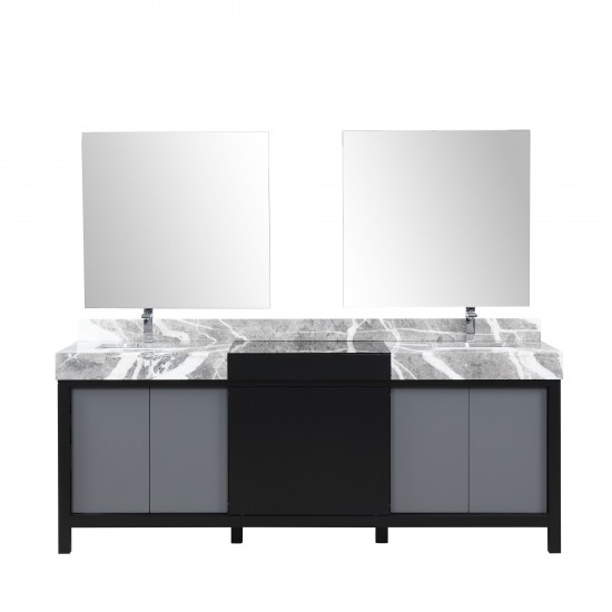 Zilara 84" Black and Grey Double Vanity, Castle Grey Marble Tops, Square Sinks, Monte Chrome Faucet Set, and 34" Mirrors