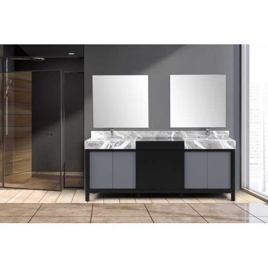 Zilara 84" Black and Grey Double Vanity, Castle Grey Marble Tops, Square Sinks, Monte Chrome Faucet Set, and 34" Mirrors